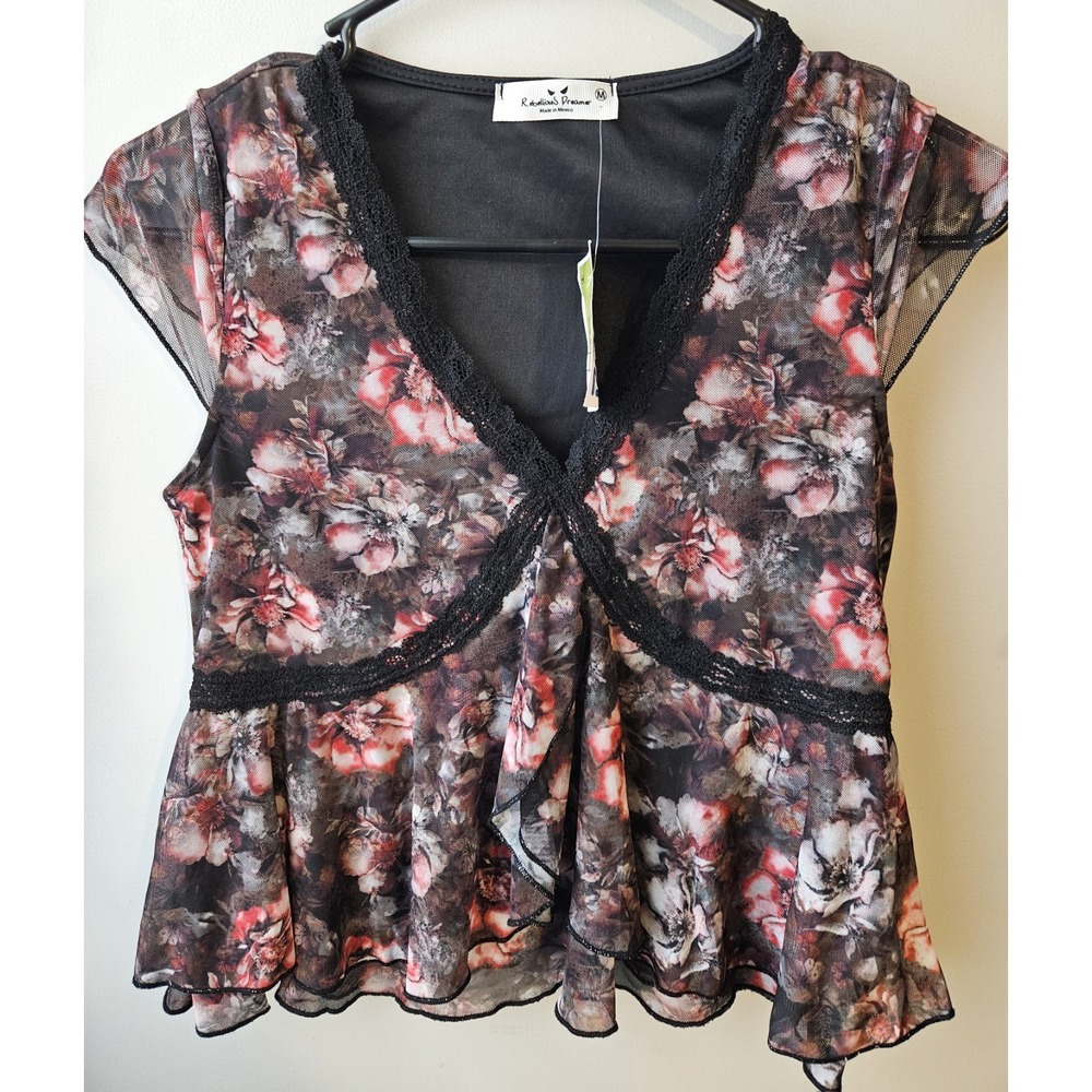 Rebellious Dreamer Blouse Top Women's Juniors Brown Floral Sz‎ M